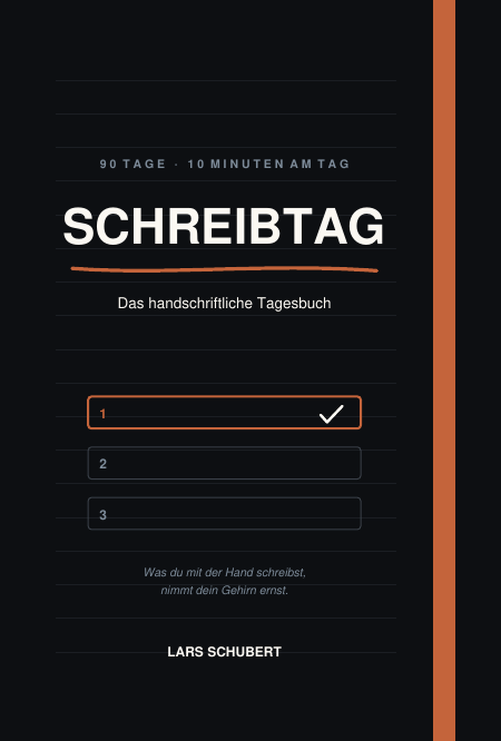 SCHREIBTAG Buchcover: schwarzes Hardcover mit Terracotta-Band